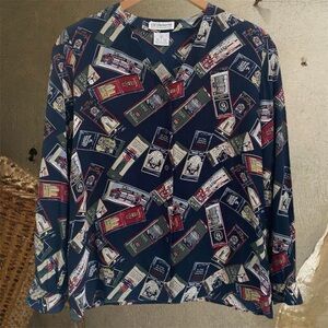 Rare Vintage Restaurant Hotel Dining Print 100% Silk Blouse